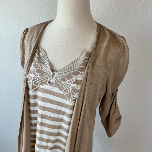 Vintage Y2K Butterfly Embroidered Top size Large Striped Tan Fairy 2000s Shrug - Picture 3 of 10
